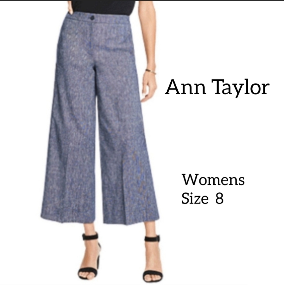 ANN TAYLOR MARINA CROP WIDE LEG PANTS SIZE 8 LINEN BLEND BLUE